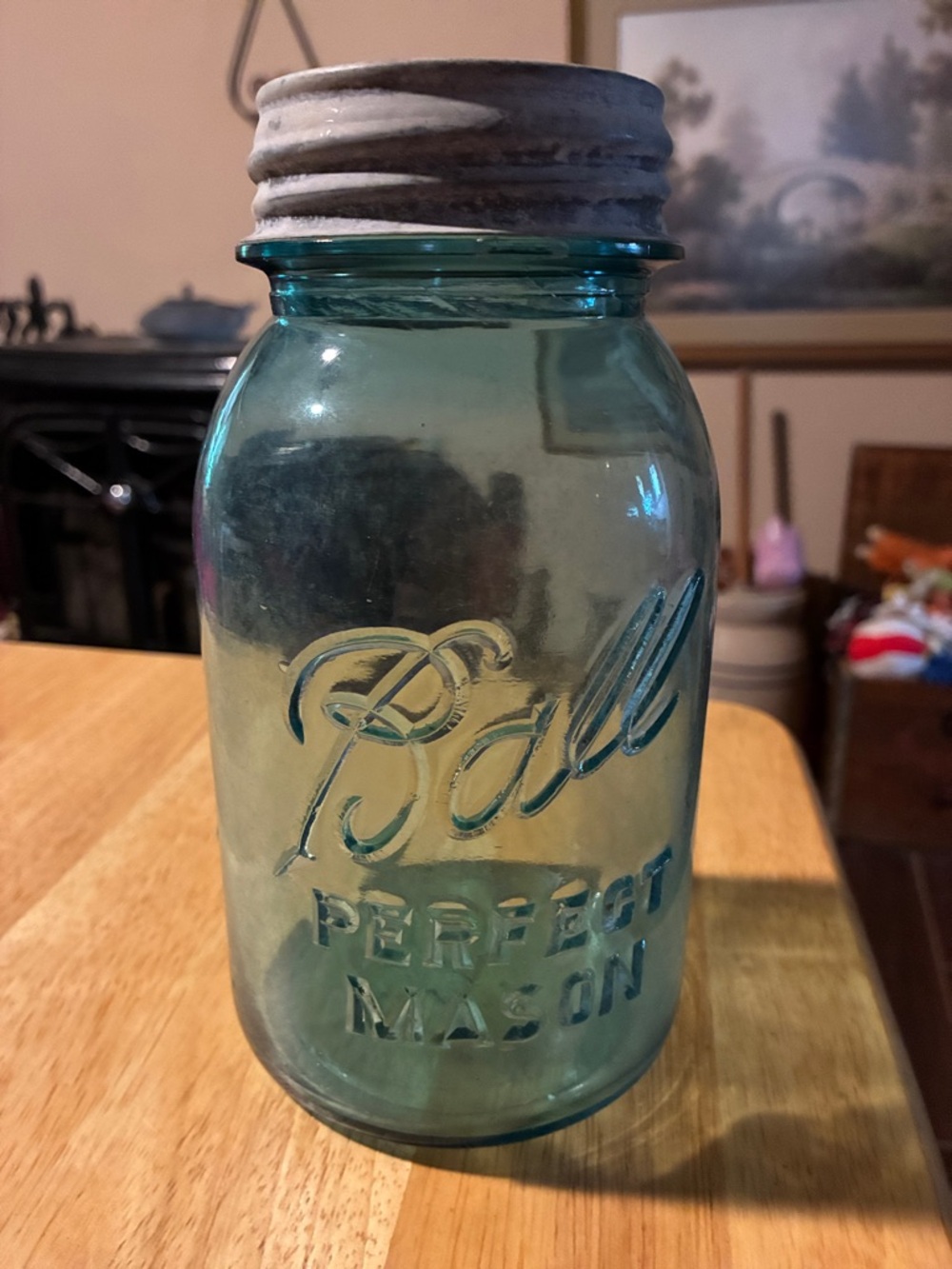 Vintage Ball Perfect Mason Blue Glass Jar with Metal Lid